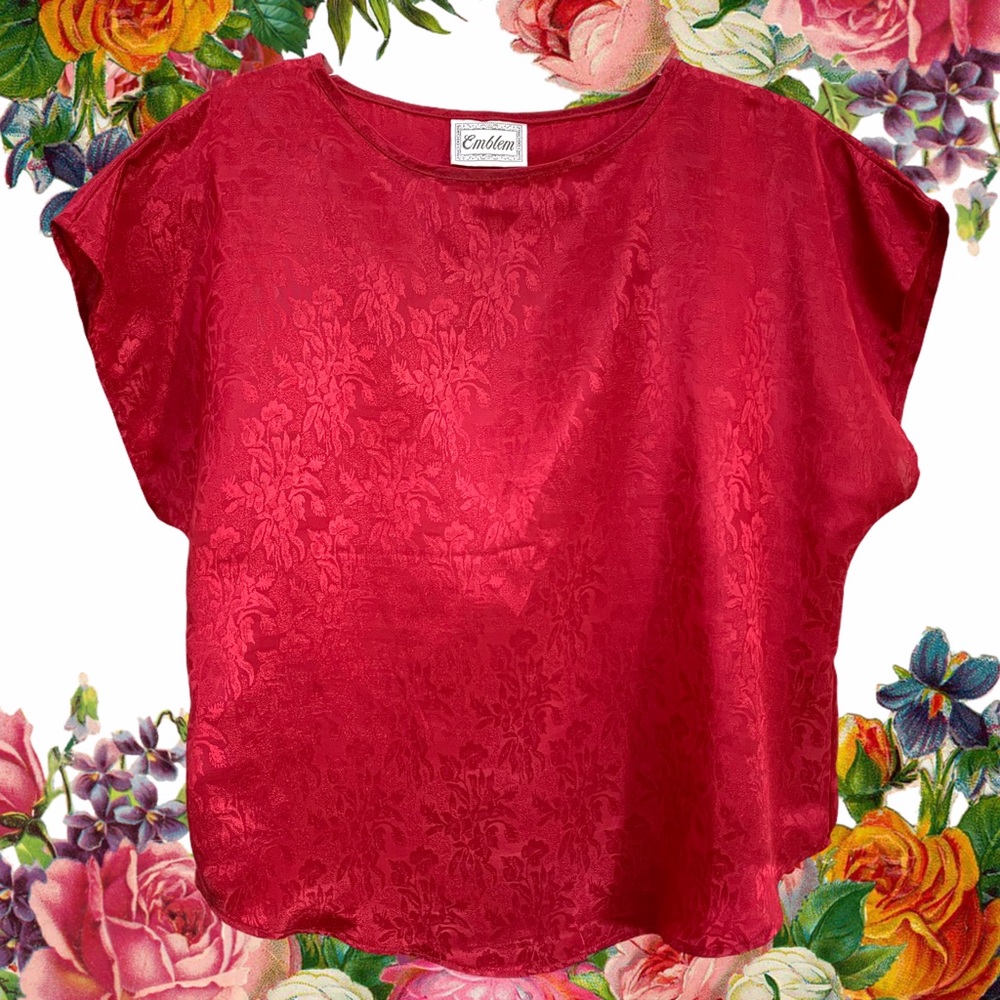 80s does Victorian Red Damask Floral Jacquard Blouse Valentine’s Day Christmas
